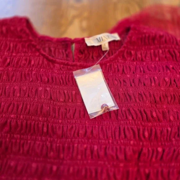 NWT Mine S Red Swiss Dot Tulle Maxi Dress Smocked Flutter Sleeve Cottagecore - Picture 12 of 14